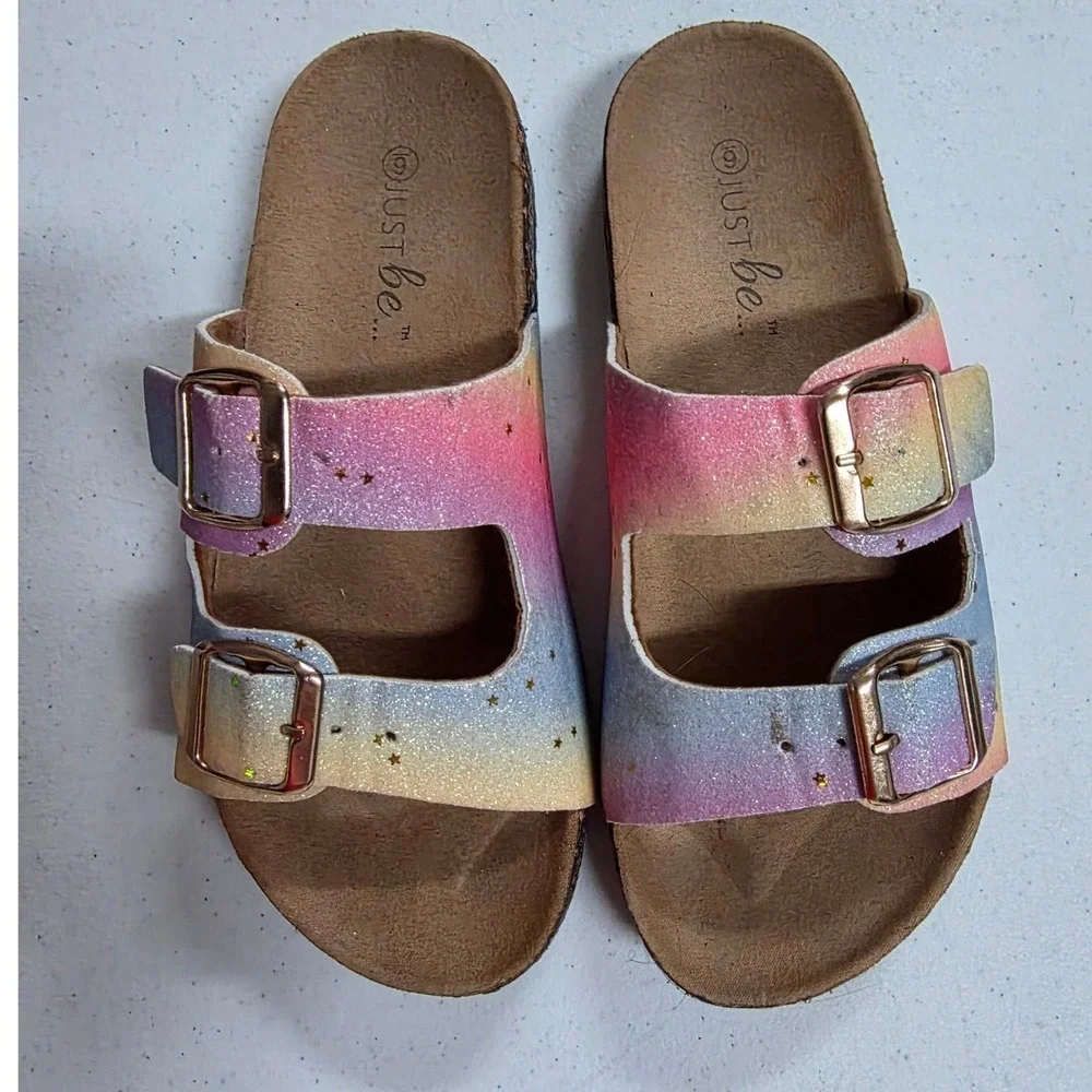 Just Be Rainbow Glitter Star Slides Sandals Size 6 Cork Footbed Buckle